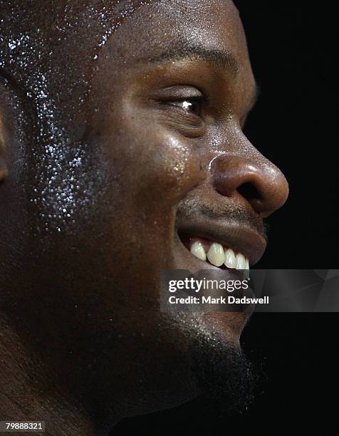 Asafa Powell of Jamaica is interviewed after winning the Mens 100 Metres A race during the Melbourne Athletics Grand Prix IAAF World Athletics Tour...