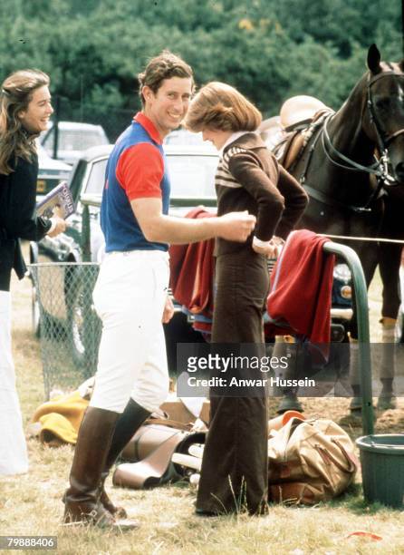 The Prince of Wales at polo with Lady Sarah McCorquodale in July 1977.