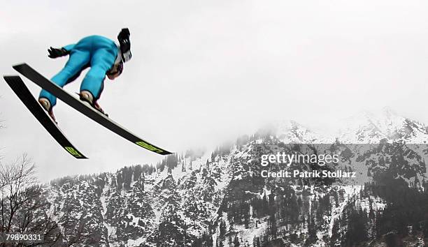 Jumper jumps during the first training session of the FIS Ski Flying World Championships at the Heini Klopfer ski jump arena on February 21, 2008 in...