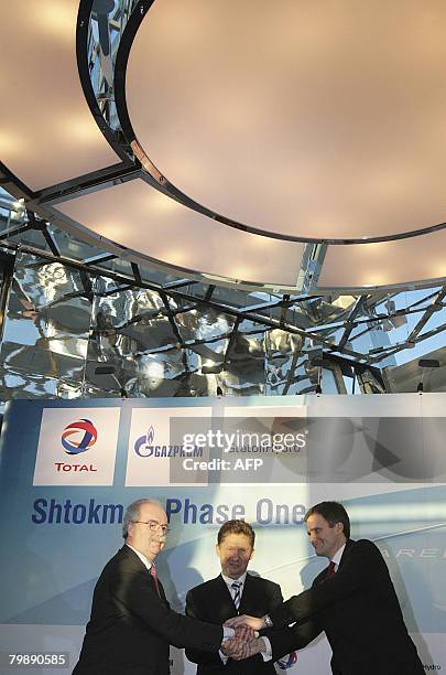 Of Total Christophe de Margerie , Alexei Miller of Gazprom and Helge Lund, President and CEO of StatoilHydro shake hands at a press conference in...