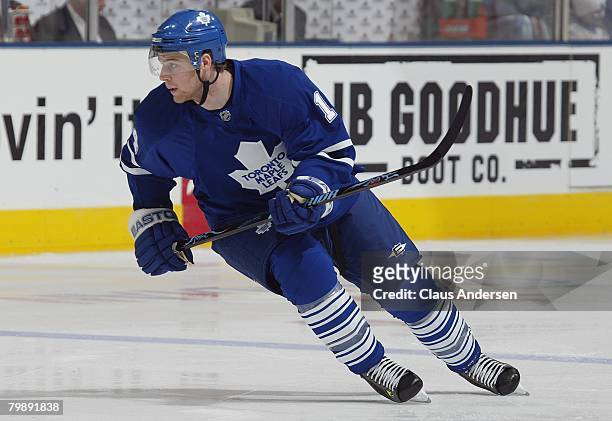 Matt Stajan of the Toronto Maple Leafs skates in a game against the Columbus Blue Jackets on February 19, 2008 at the Air Canada Centre in Toronto,...