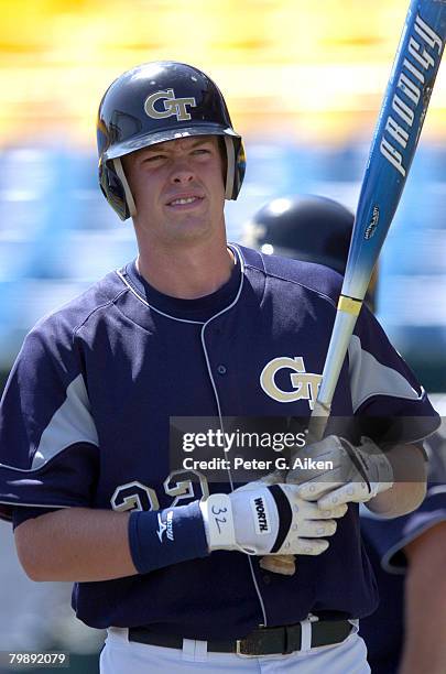 Georgia Tech catcher Matt Wieters before playing Cal State Fullerton in game five of the College World Series at Rosenblatt Stadium in Omaha,...