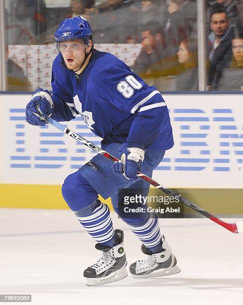Nik Antropov of the Toronto Maple Leafs skates up ice during game action against the Columbus Blue Jackets February 19, 2008 at the Air Canada Centre...