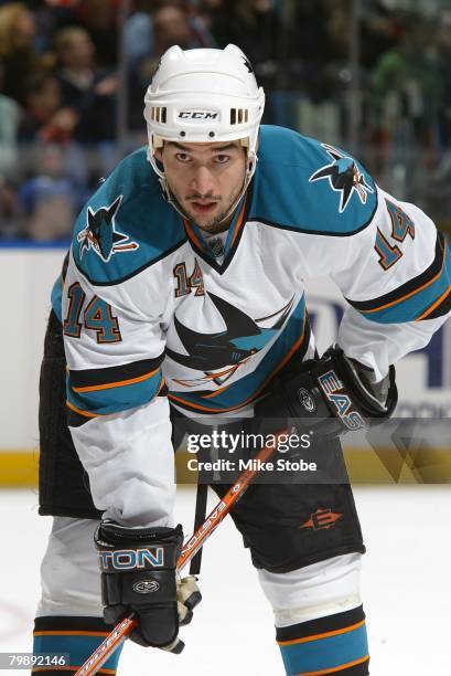 Jonathan Cheechoo of the San Jose Sharks skates against the New York Islanders on February 18, 2008 at Nassau Coliseum in Uniondale, New York