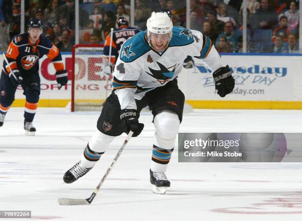Kyle McLaren of the San Jose Sharks skates against the New York Islanders on February 18, 2008 at Nassau Coliseum in Uniondale, New York