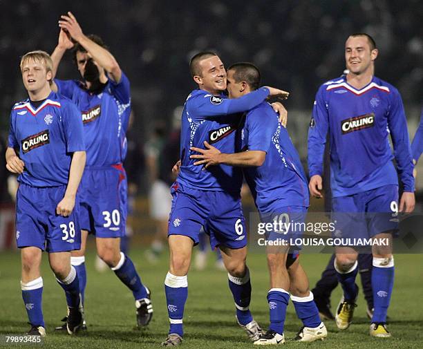 Glasgow Rangers Ignacio Novo and teamates celebrate his goal against Panathinaikos Athens after their UEFA Cup football match in Athens on February...