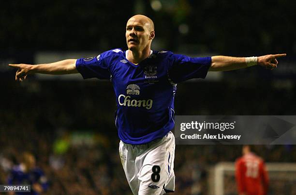 Andrew Johnson of Everton celebrates scoring his team's second goal during the UEFA Cup Round of 32, 2nd Leg match between Everton and SK Brann at...