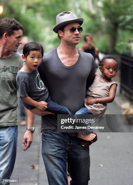 Brad Pitt visits playground with children Zahara Jolie-Pitt, Pax Jolie-Pitt and Maddox Jolie-Pitt in New York City on August 26, 2007.