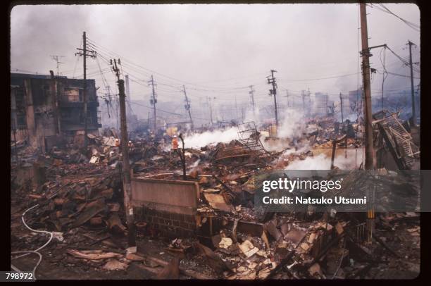 Buildings lie in ruins following an earthquake January 20, 1995 in Kobe, Japan. The earthquake, which registered 6.9 on the Richter scale, killed...