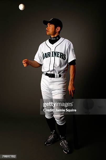 Outfielder Ichiro Suzuki of the Seattle Mariners poses for a portrait during spring training on February 21, 2008 at the Peoria Sports Complex in...