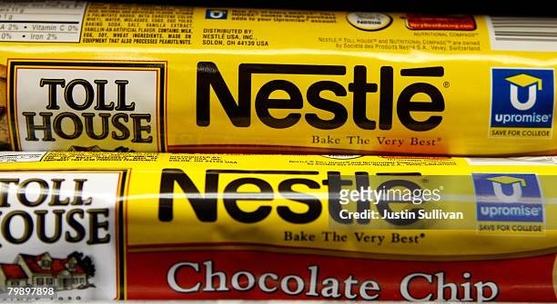 Packages of Nestle Toll House cookie dough are displayed on the shelf at the Marina Supermarket February 21, 2008 in San Francisco, California....