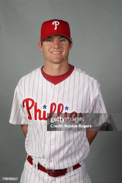 Lou Marson of the Philadelphia Phillies poses for a portrait during photo day at Bright House Networks Field on February 21, 2008 in Clearwater,...