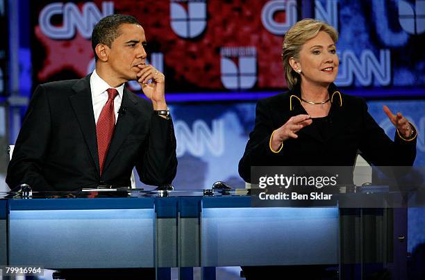 Democratic presidential hopefuls U.S. Sen. Barack Obama and U.S. Sen. Hillary Clinton participate in a debate Lyndon B. Johnson Auditorium at the...