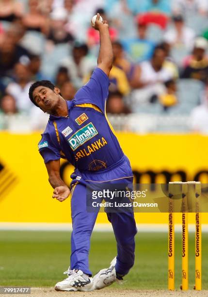 Chaminda Vaas of Sri Lanka bowls during the Commonwealth Series One Day International match between Australia and Sri Lanka at the Melbourne Cricket...