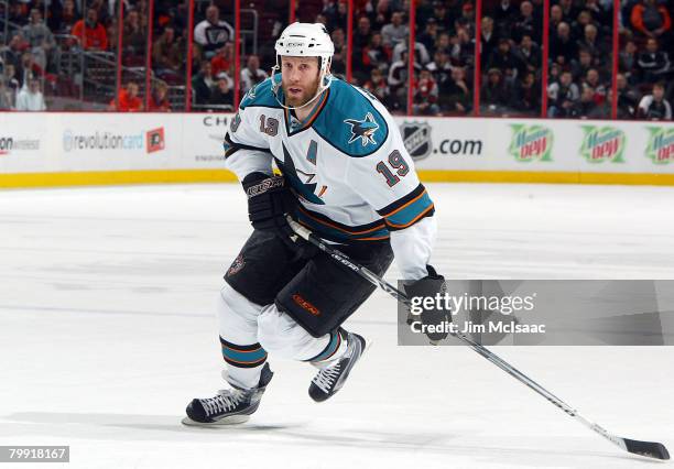 Joe Thornton of the San Jose Sharks skates against the Philadelphia Flyers during their game on February 21, 2008 at Wachovia Center in Philadelphia,...