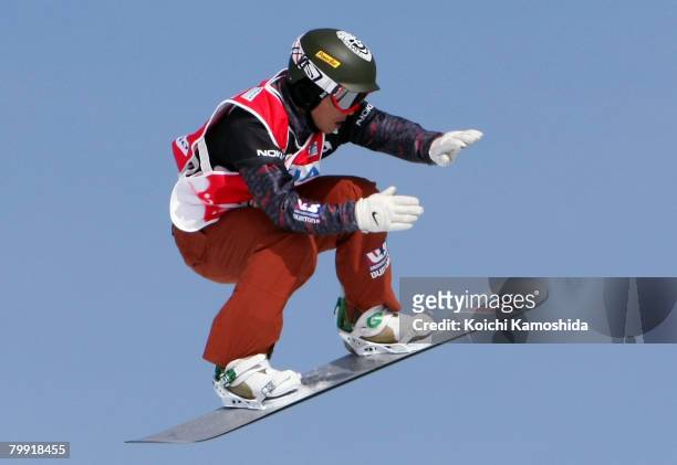 Graham Watanabe of the USA competes during the Snowboardcross final of Snowboard FIS World Cup 2008 Gifu/Gujo on February 22, 2008 in Gujo, Gifu,...