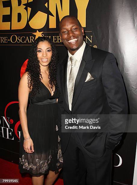 Actor Tyrese Gibson and his wife arrive at the Ebony Magazine Pre-Oscar Celebration-Take 4 held at Boulevard 3 on February 21, 2008 in Hollywood...