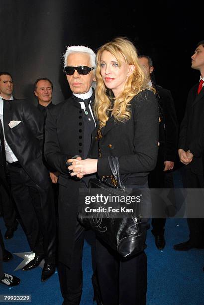 Karl Lagerfeld and Courtney Love attend the Paris Fashion Week - Spring/Summer 2008 - Ready to Wear - Chanel - Photocall and Front Row Grand Palais...