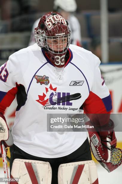 Thomas McCollum of CHL Team White looks on against CHL Team Red on February 4, 2008 at Rexall Place in Edmonton, Alberta, Canada. Team White won 8-4.