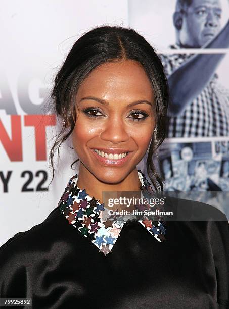 Actress Zoe Saldana arrives at the "Vantage Point" premiere at the AMC Lincoln Square on February 20, 2008 in New York City.