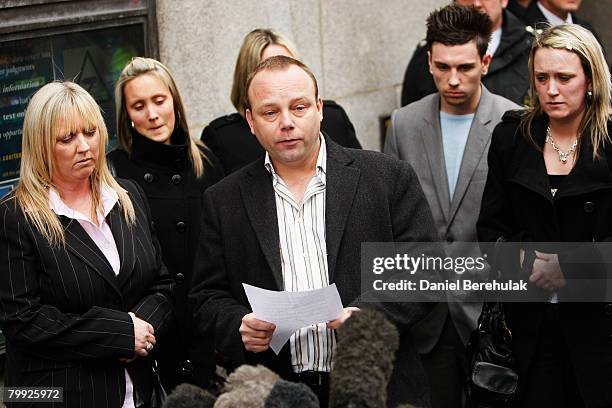 The family of Sally Anne Bowman, mother Linda, sister Nicole, Danielle, father Paul, boyfriend Lewis Sproston and Michelle make a statement to the...