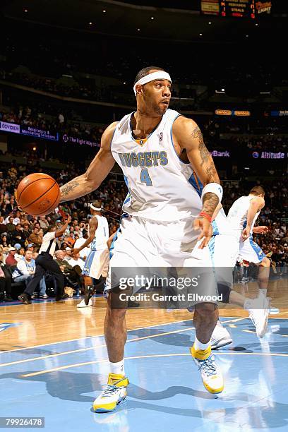 Kenyon Martin of the Denver Nuggets comes down with a rebound during the game against the Orlando Magic on January 11, 2008 at the Pepsi Center in...