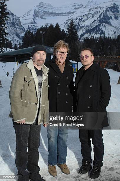 President and Founder of Sundance Institute Robert Redford with The Edge and Bono of U2 during 2008 Sundance Film Festival at the Sundance Resort on...