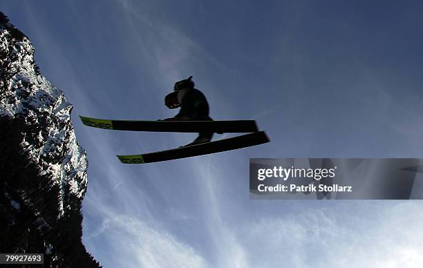 Jumper jumps during the first heat of the FIS Ski Flying World Championships at the Heini Klopfer ski jump arena on February 22, 2008 in Oberstdorf,...