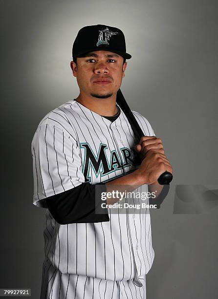 Alfredo Amezaga of the Florida Marlins poses during photo day at Roger Dean Stadium February 22, 2008 in Jupiter, Florida.