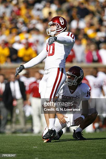 Garrett Hartley of OU watches a field goal attempt during action between the Oklahoma Sooners and the Missouri Tigers at Faurot Field in Columbia,...