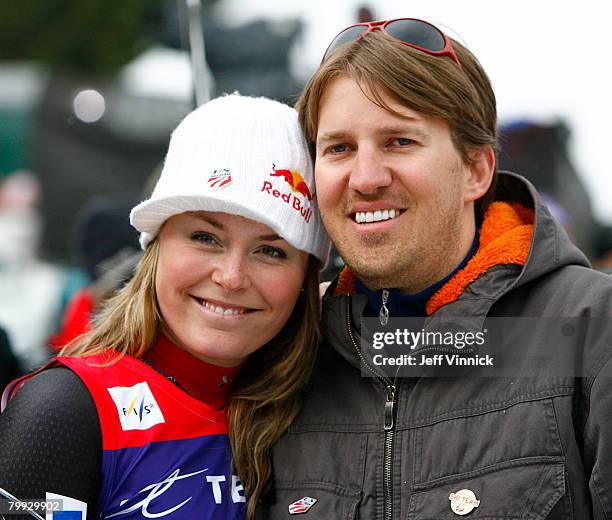 Lindsey Vonn of the USA gives her husband Thomas Vonn a hug after she captured the Women's overall Downhill title at the Audi FIS Alpine World Cup...