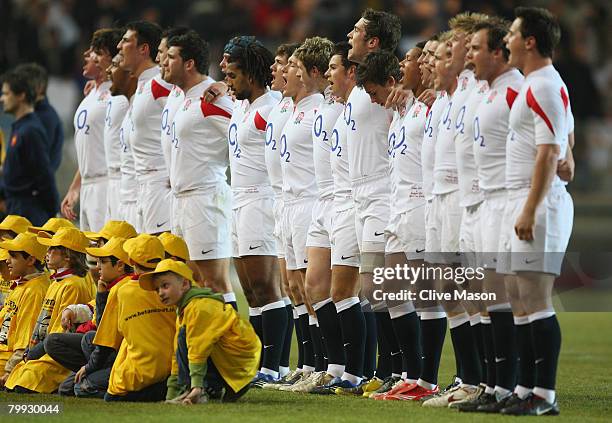 The team stand for the national Anthem during the under 20's match between France U20 and England U20 at the Stade des Alpes, on February 22, 2008 in...