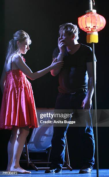 Johanna Christine Gehlen and Ben Becker in a dress rehearsal for "Endstation Sehnsucht" at the Renaissance Theatre on February 22, 2008 in Berlin,...