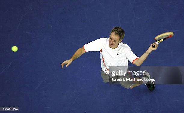 John McEnroe of the United States in action against Bjorn Borg of Sweden during the second day of the BlackRock Tour of Champions at the Odyssey...