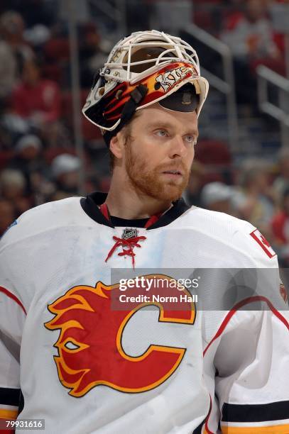 Goaltender Mikka Kiprusoff of the Calgary Flames takes a break during a stop in play against the Phoenix Coyotes on February 19, 2008 at Jobing.com...