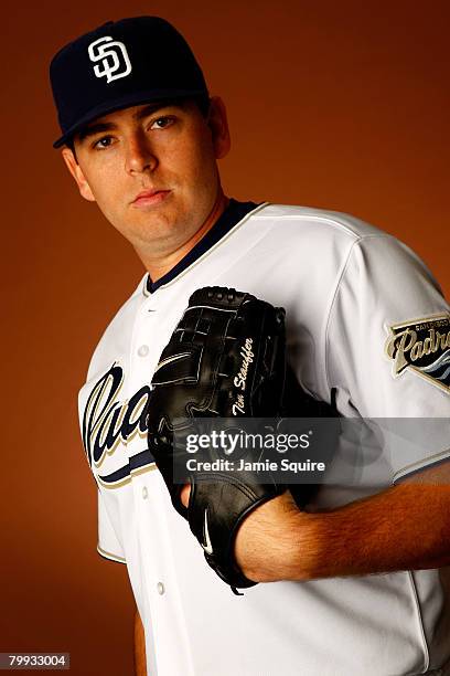 Pitcher Tim Stauffer of the San Diego Padres poses for a portrait during spring training on February 22, 2008 at the Peoria Sports Complex in Peoria,...