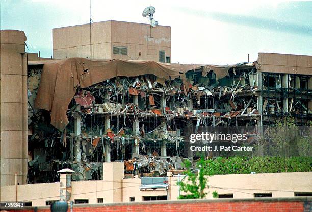 Protective covering drapes over the Alfred P. Murrah Federal Building in Oklahoma City, April 19, 1995 where a terrorist bomb killed 168 people. On...