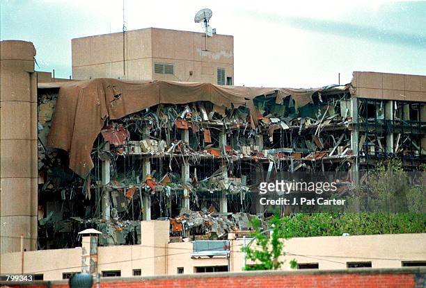 Protective covering drapes over the Alfred P. Murrah Federal Building in Oklahoma City, April 19, 1995 where a terrorist bomb killed 168 people. On...
