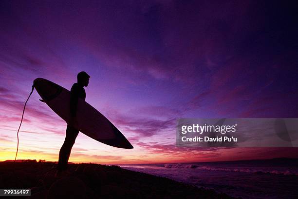 carrying surfboard on beach at dusk - david puu stock-fotos und bilder