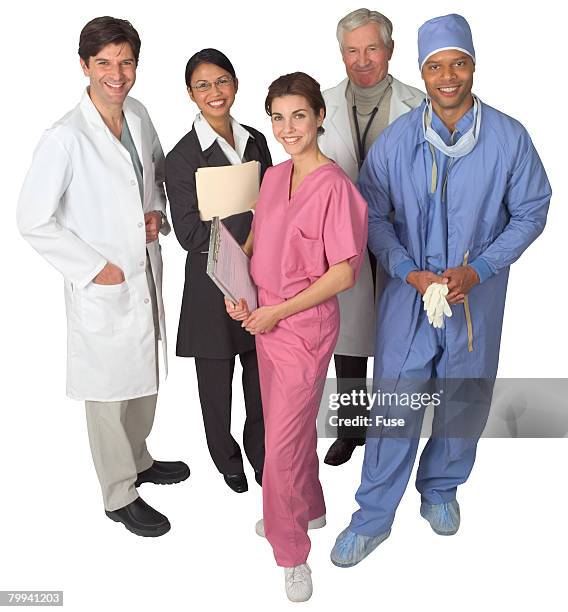 cheerful medical team - nurse and portrait and white background and smiling and female and looking at camera stock pictures, royalty-free photos & images