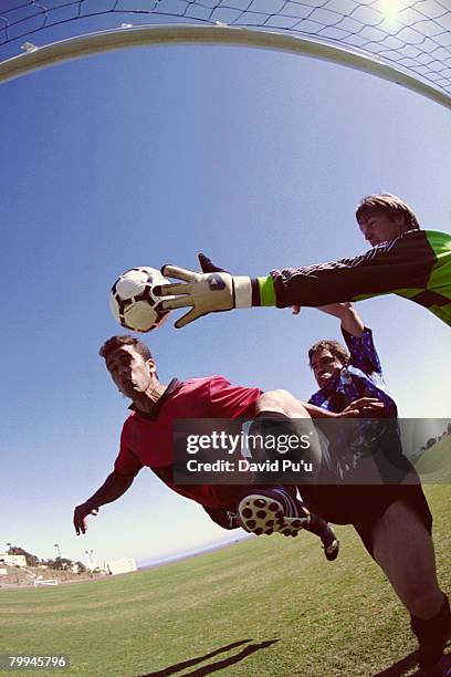soccer goalie attempting to block shot - david puu stockfoto's en -beelden