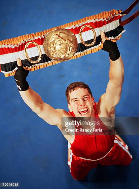 boxer holding championship belt - championship belt bildbanksfoton och bilder