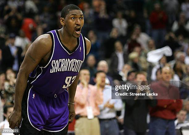 Ron Artest of the Sacramento Kings yells to his teammates during NBA action against the Charlotte Bobcats at Bobcats Arena on February 22, 2008 in...