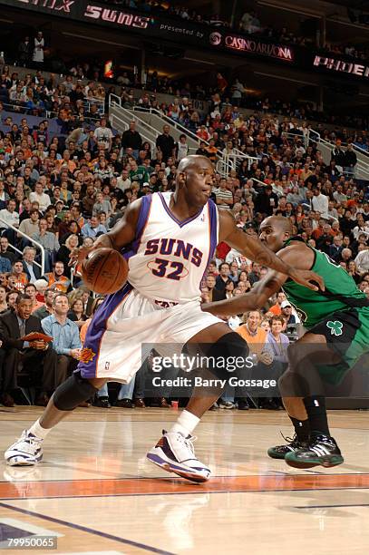 Shaquille O'Neal of the Phoenix Suns drives against the Boston Celtics in an NBA game played at U.S. Airways Center February 22, 2008 in Phoenix,...