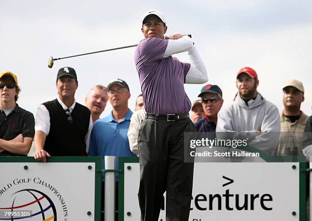 Tiger Woods hits his tee shot on the 15th hole during the quarterfinal matches of the WGC-Accenture Match Play Championship at The Gallery at Dove...