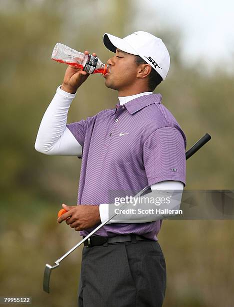 Tiger Woods drinks an energy drink on the 13th hole during the quarterfinal matches of the WGC-Accenture Match Play Championship at The Gallery at...