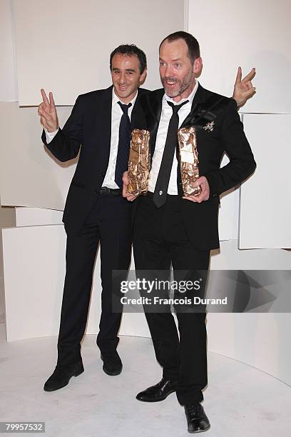 Elie Semoun and Olivier Raoux pose in the award room at Cesar Film Awards 2008 at Theatre du Chatelet on February 22, 2008 in Paris, France.