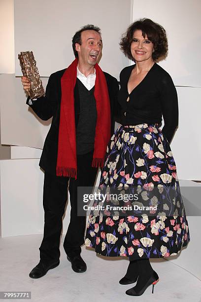 Roberto Benigni and Fanny Ardant pose in the award room at Cesar Film Awards 2008 at Theatre du Chatelet on February 22, 2008 in Paris, France.