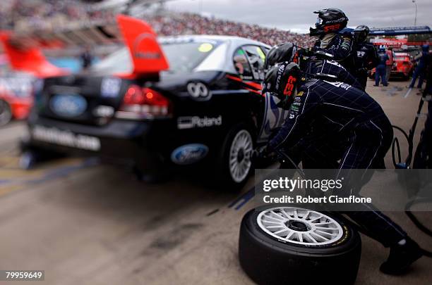 The crew for Shane Van Gisbergen of SP Tools Racing practice a pit stop during the warm up session for race two of the Clipsal 500 which is round one...