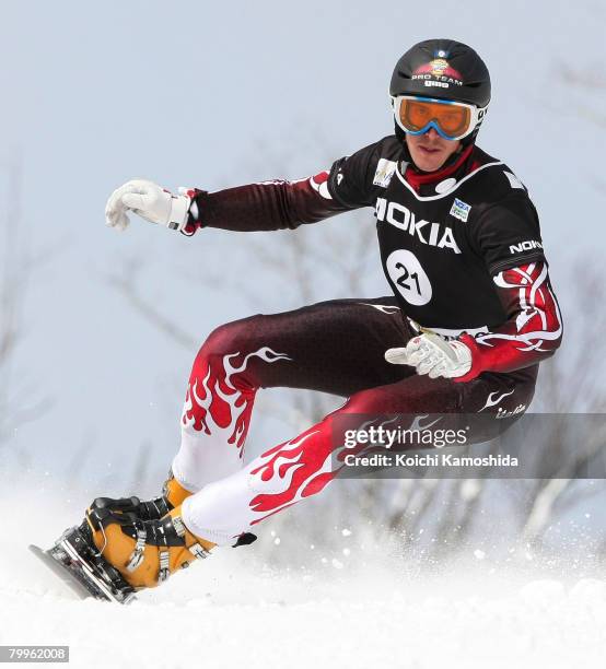 Roland Fischnaller of Italy competes during the Parallel Giant Slalom final of Snowboard FIS World Cup 2008 Gifu/Gujo on February 24, 2008 in Gujo,...